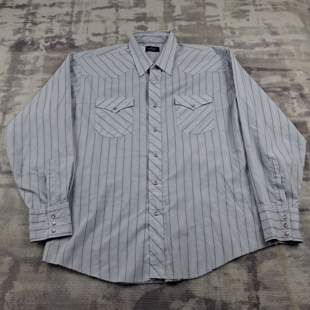 Vintage Wrangler Pearl Snap Shirt Mens XL Gray Striped Western Cowboy Made in...